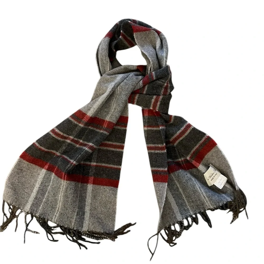 ITALIAN WOOLLEN TREASURES wool scarf, red & gray plaid with fringe, Italy